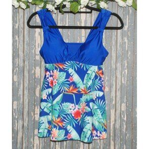 Esprlia Ladies Size S Blue Swimsuit Top Tankini Built In Bra Floral Hawaiian